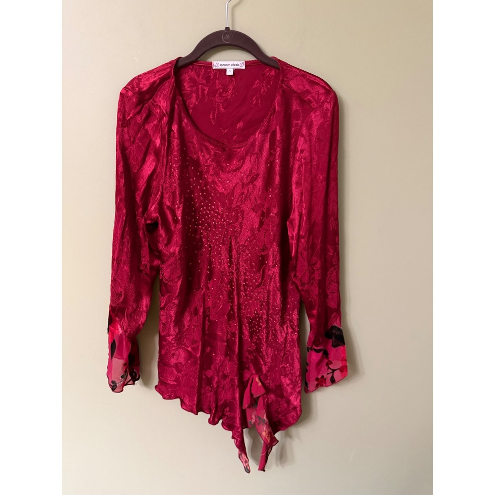 Spencer Alexis Red Floral Jacquard Asymmetrical Fairy Blouse 14 Boho Sparkly